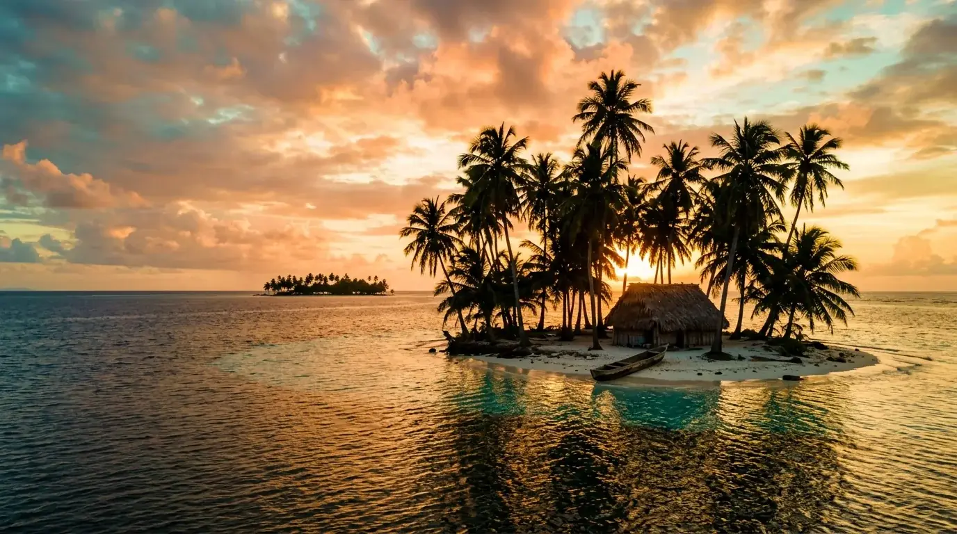 Isla con palmeras en San Blas al atardecer