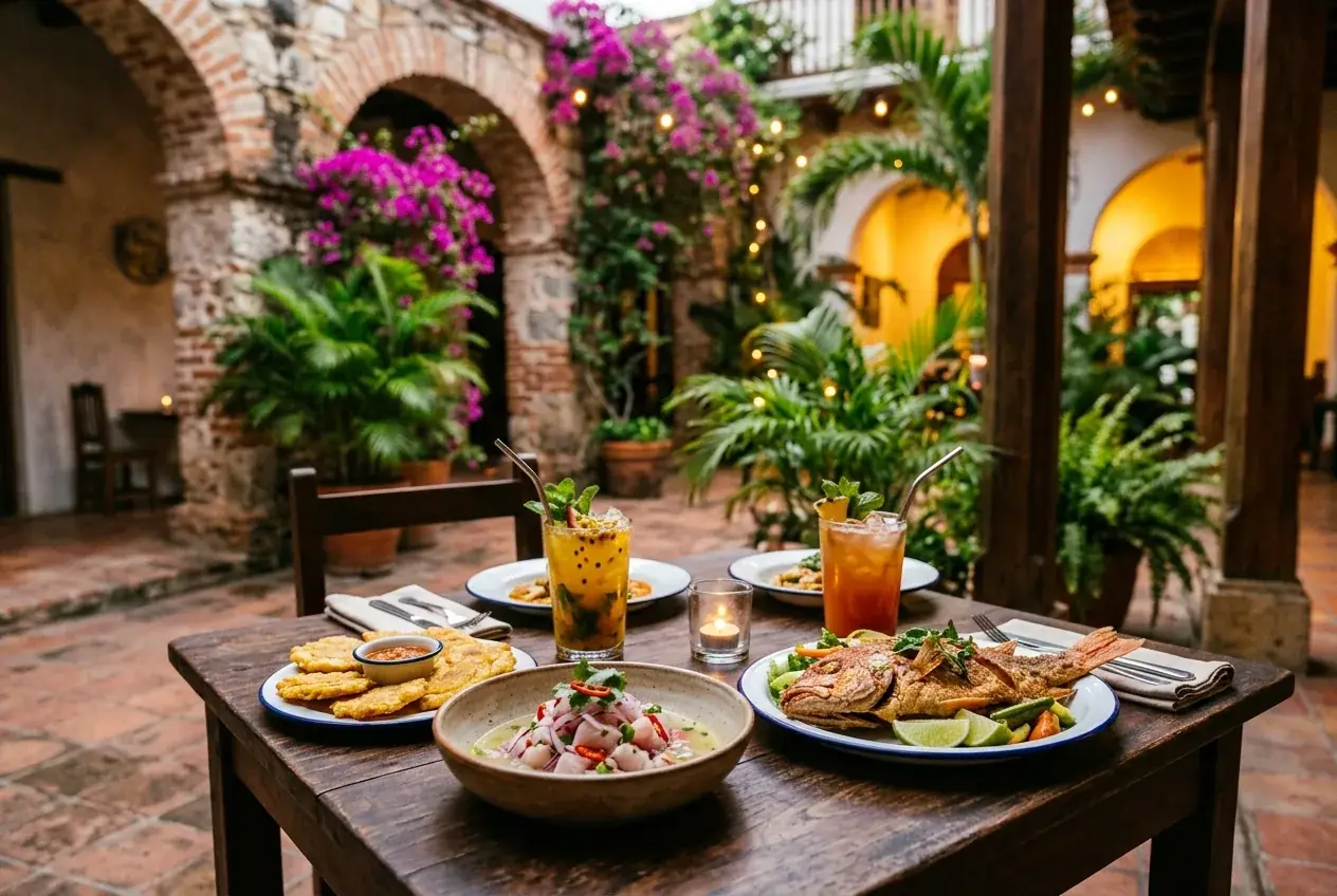 Mesas de un restaurante con plantas y luz cálida