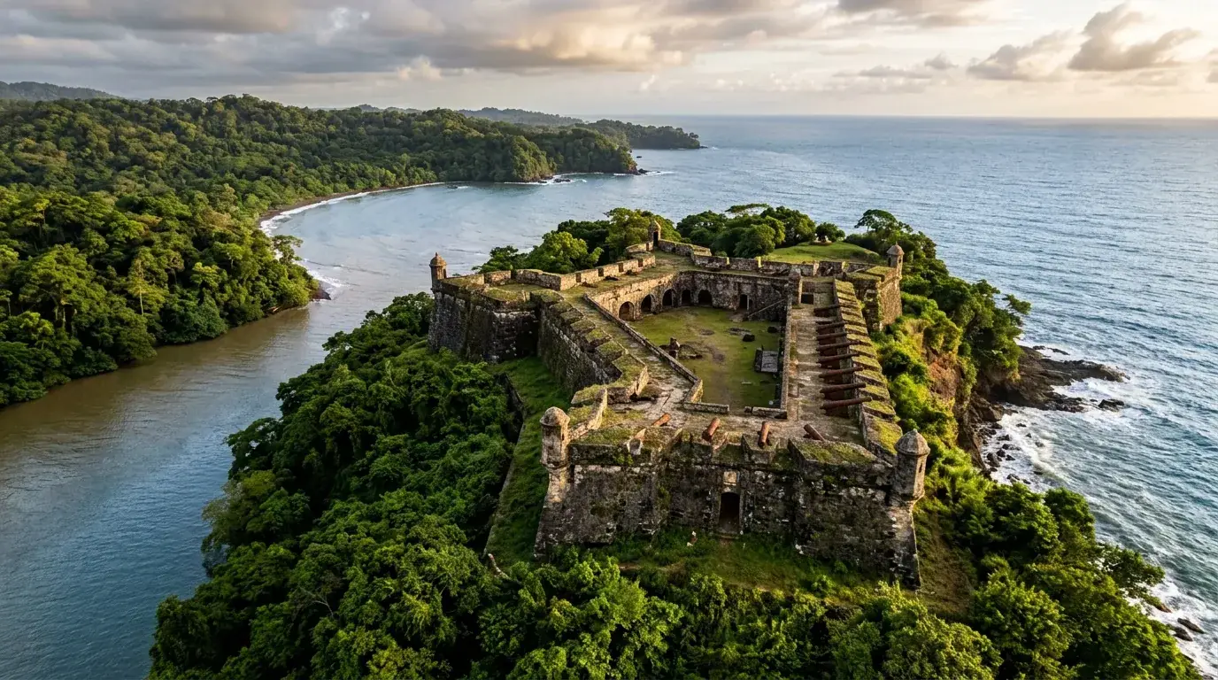 Un fuerte colonial de piedra sobre un acantilado, entre el río y el mar