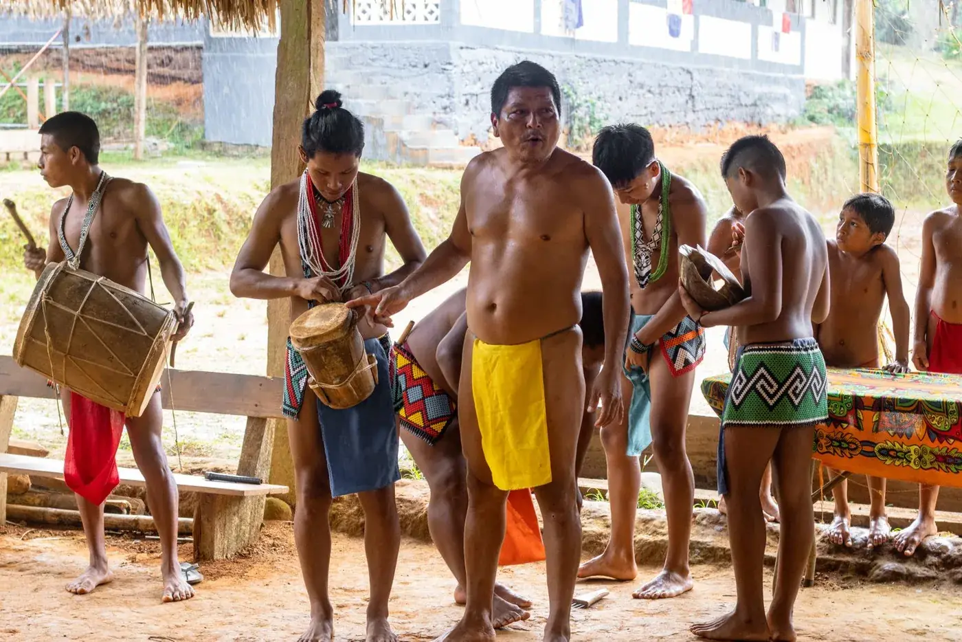 Hombres y niños emberá tocan tambores bajo un techo de palma