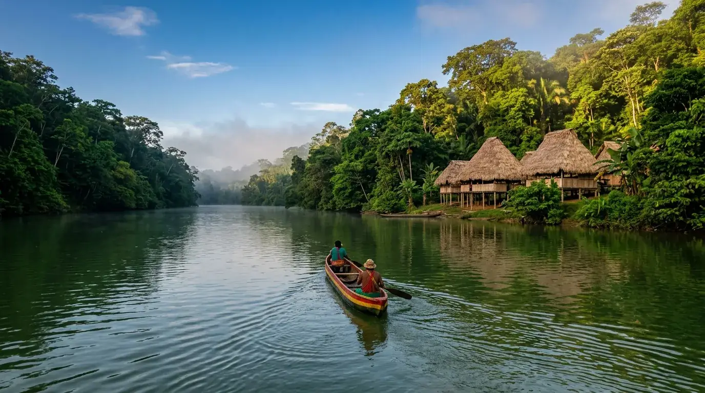 Una piragua avanza por el río entre la selva