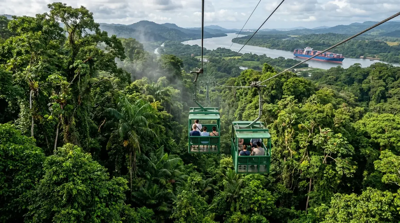 Un teleférico avanza sobre la selva, con el Canal al fondo