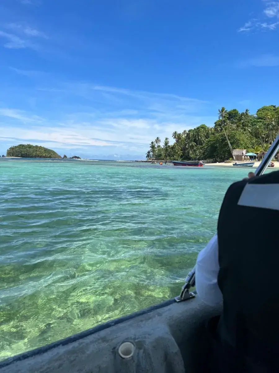 Agua transparente y una isla con palmeras, vista desde la lancha