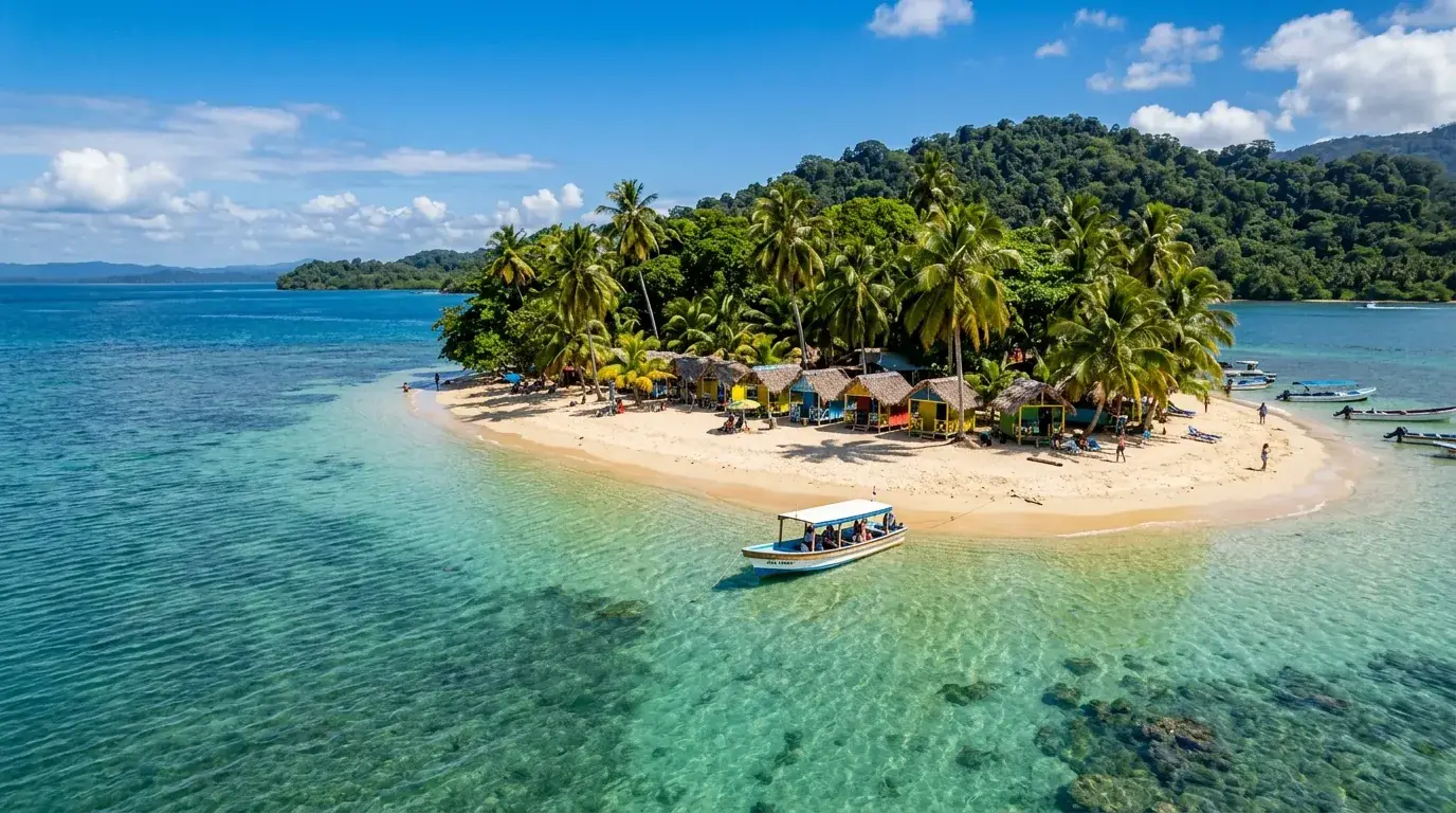 Una isla pequeña con cabañas de colores y agua turquesa