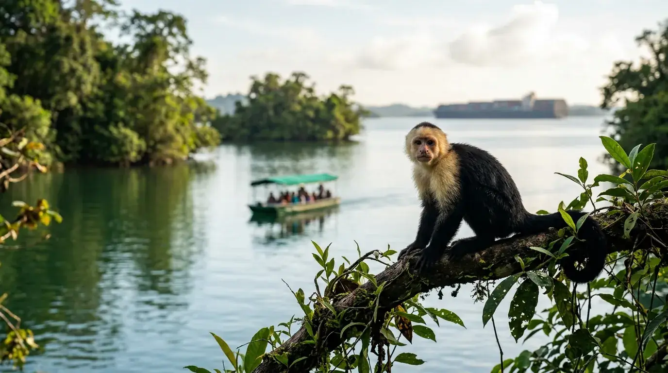 A capuchin monkey on a branch, with the lake and a boat beyond