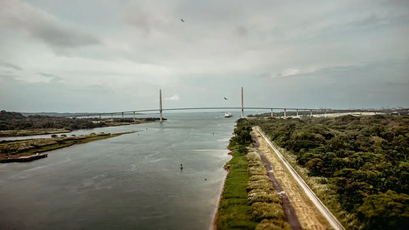 Un puente atirantado de dos torres cruza el Canal entre orillas verdes