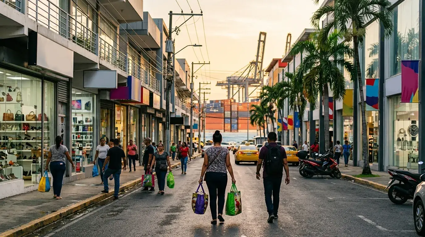Una calle comercial con vitrinas y compradores, y grúas de puerto al fondo